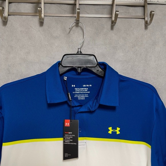 NWT Under Armour Polo Shirt Men L Blue Colorblock The Playoff Polo Golf Loose - Picture 1 of 8